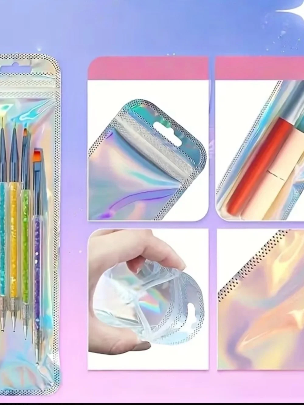 Holographic Reusable Zipper Pouch - Iridescent Silver- 20 pieces